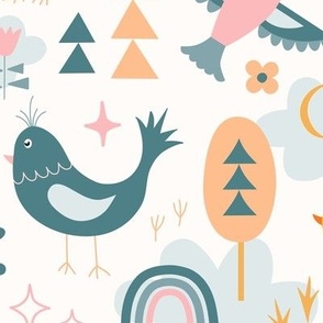 Whimsical Birds, Feathered Friends with trees, sun, clouds in pastels teal, grey, yellow, beige, orange, pink for babies, kids // Large
