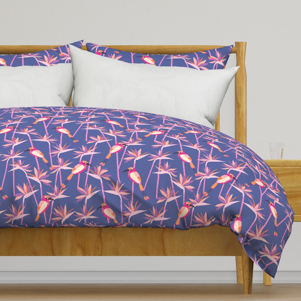 Motmot bird in tropical paradise strelitzia XL wallpaper scale in pink orange dusk by Pippa Shaw