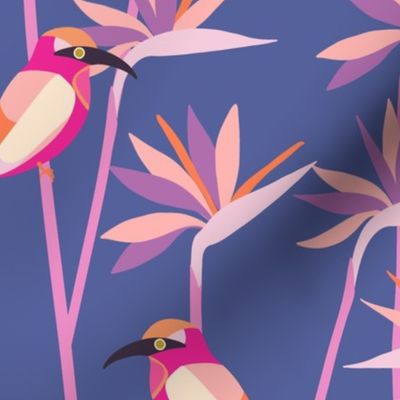 Motmot bird in tropical paradise strelitzia XL wallpaper scale in pink orange dusk by Pippa Shaw