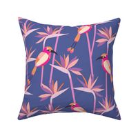 Motmot bird in tropical paradise strelitzia XL wallpaper scale in pink orange dusk by Pippa Shaw