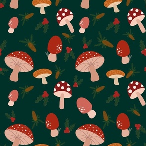 Toadstool Mushroom Christmas Holiday - Green Woodland Pattern