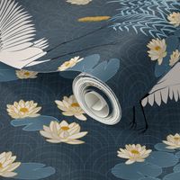 (M) White herons in the lagoon - blue version wallpaper and fabric #2a3d4b