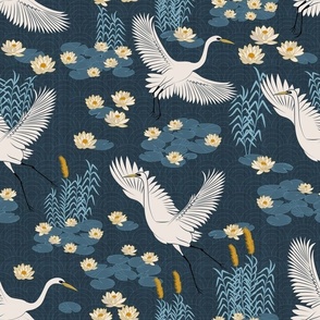 (M) White herons in the lagoon - blue version wallpaper and fabric #2a3d4b