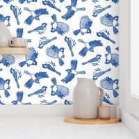 Block Print Cobalt Blue Chickadees by Angel Gerardo - Large Scale