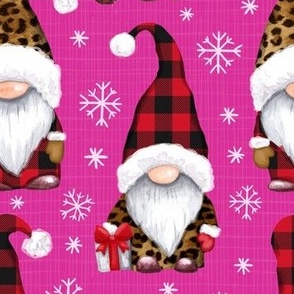 Leopard and plaid print Christmas gnomes bright pink