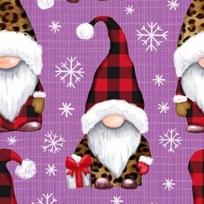Leopard and plaid print Christmas gnomes bright purple