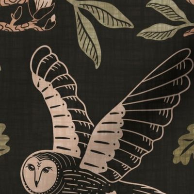 Barn Owls with Oaks and Magnolias in copper brown and olive green on textured warm charcoal - extra large