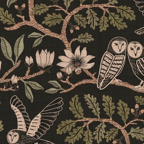 Barn Owls with Oaks and Magnolias in copper brown and olive green on textured warm charcoal - extra large