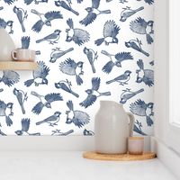 Block Print Navy Blue Chickadees by Angel Gerardo - Large Scale