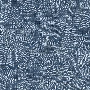 Sashiko Seagulls in Indigo Blue (xxl scale) | Hand stitched birds, Japanese sashiko stitching on deep blue linen texture, kantha quilt, ocean decor, blue and white rustic bird pattern.