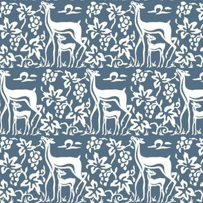  Arts & Crafts deer and grapes overlap - white on textured INDIGO206