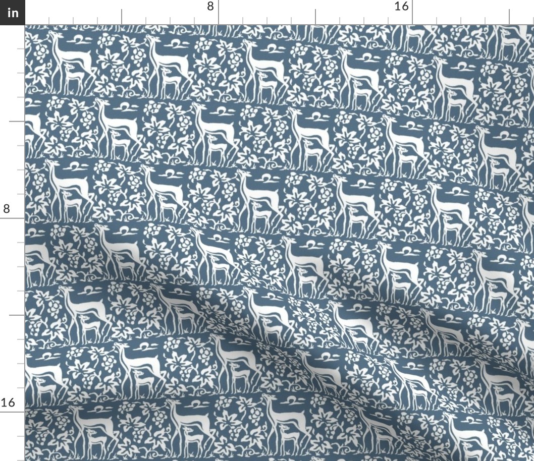  Arts & Crafts deer and grapes overlap - white on textured INDIGO206