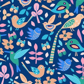 Blue Birding World  | Textured - Pink, Green, Orange | large scale 18 x 18 ©designsbyroochita