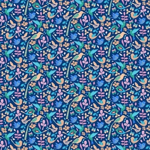 Blue Birding World  | Textured - Pink, Green, Orange | Ditsy and small scale 5 x5  ©designsbyroochita