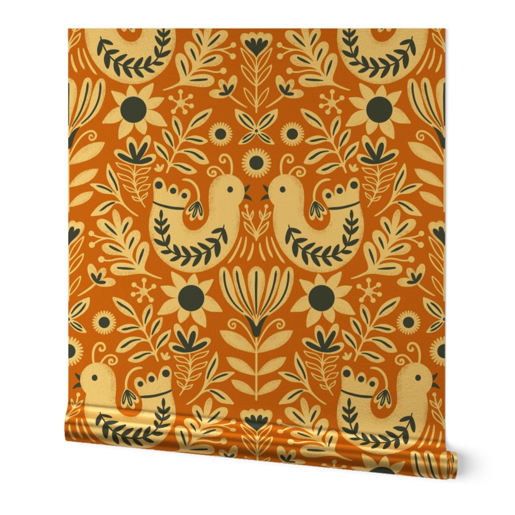 Scandinavian Folk Birds Floral- Orange and Navy - Large