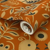 Scandinavian Folk Birds Floral- Orange and Navy - Large