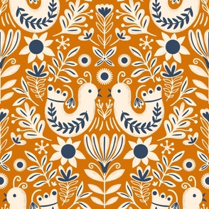 Scandinavian Folk Birds Floral- Orange and Navy - Large