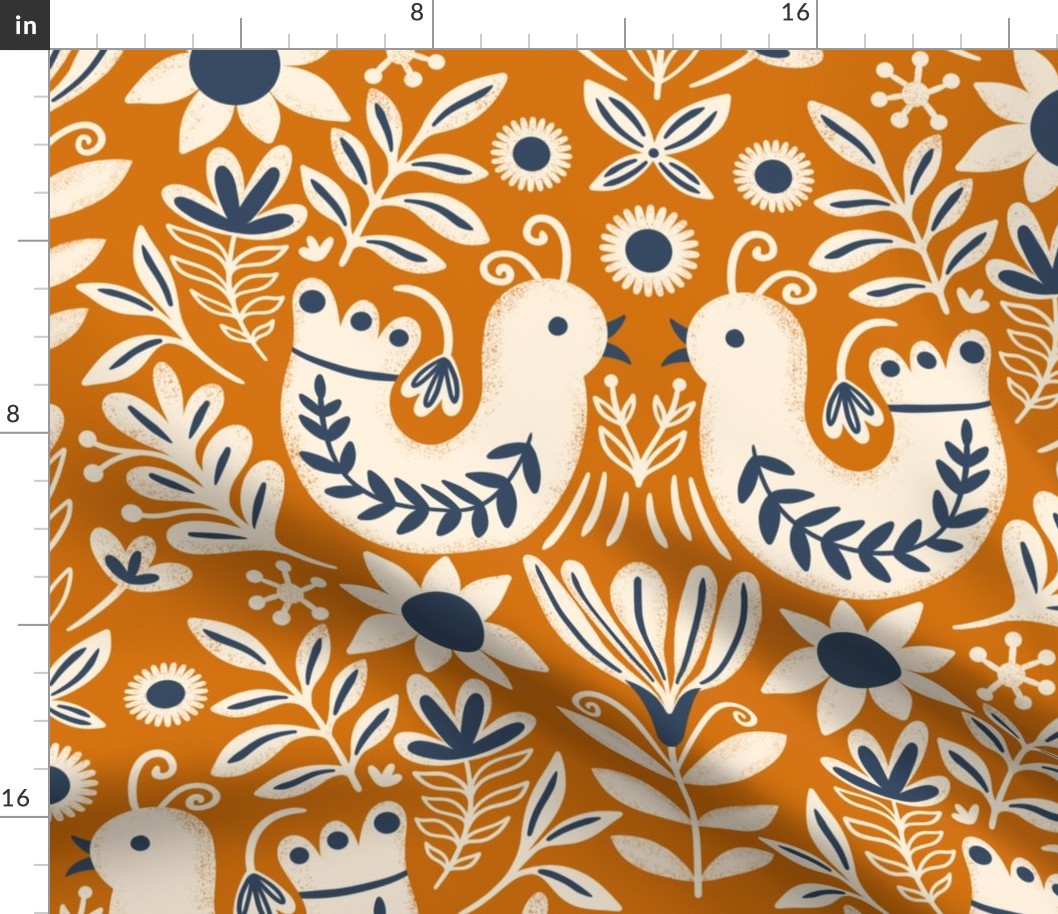 Scandinavian Folk Birds Floral- Orange and Navy - Large