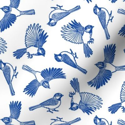 Cobalt Blue Chickadees Block Print by Angel Gerardo