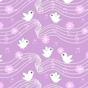 Musical birdies & daisies on plum