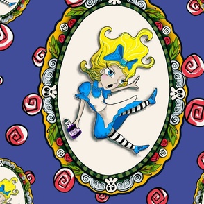 Falling Alice Cameo with roses , blue background 