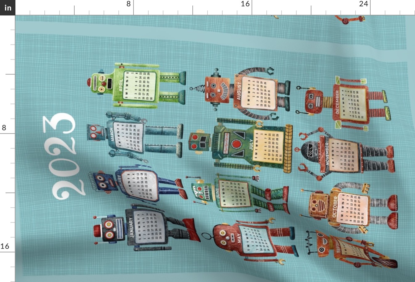 2023 Robot Calendar Fabric Spoonflower