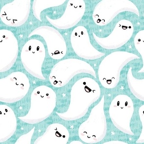 Cute kawaii ghosts pastel Halloween fabric pastel turquoise WB22