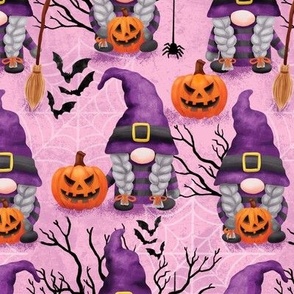 Cute Halloween gnomes witches fabric - pink WB22