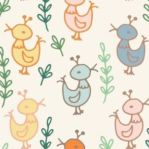 307 - Large scale  naïve folk style chickens or ducklings and hand drawn branches and leaves - for cute Easter  kids apparel, kids party shirts, baby accessories, nursery décor, and bed linen featuring earthy tones On cream background 