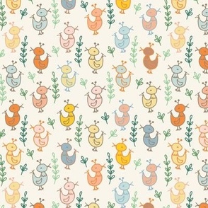 307 - Small  scale  naïve folk style chickens or ducklings and hand drawn branches and leaves - for cute Easter  kids apparel, kids party shirts, baby accessories, nursery décor, and bed linen featuring earthy tones On cream background 