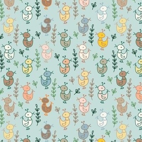 307 $ - Small  scale  naïve folk style chickens or ducklings and hand drawn branches and leaves - for cute Easter  kids apparel, kids party shirts, baby accessories, nursery décor, and bed linen featuring earthy tones on duck egg blue 