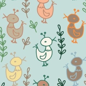 307 - Large scale  naïve folk style chickens or ducklings and hand drawn branches and leaves - for cute Easter  kids apparel, kids party shirts, baby accessories, nursery décor, and bed linen featuring earthy tones on duck egg blue 
