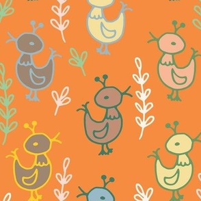 307 - Large scale  naïve folk style chickens or ducklings and hand drawn branches and leaves - for cute Easter  kids apparel, kids party shirts, baby accessories, nursery décor, and bed linen featuring earthy tones on burnt orange background 