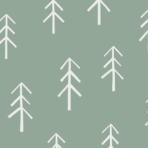 Conifers / medium scale / soft sage minimal botanical pattern with trees