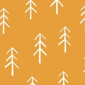 Conifers / medium scale / goldenrod minimal botanical pattern with trees