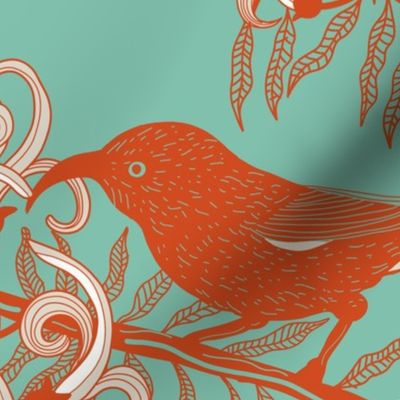 Endangered Iiwi Birds on Kolii Blossoms