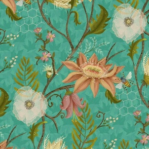 Lush Victorian Floral Turquoise- XL - Wallpaper scale