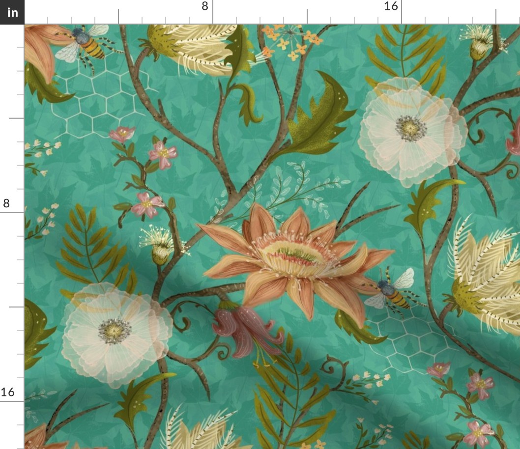 Lush Victorian Floral Turquoise- XL - Wallpaper scale