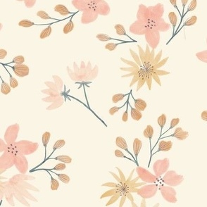 Rustic French Flowers, Painted Floral in Pink and Cream by Sarah Price Medium Scale