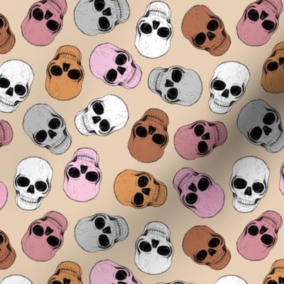 Spooky skulls day of the death mexican skeletons in pink blush orange on tan 