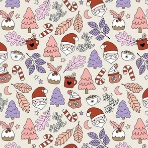 Merry Christmas winter wonderland with pudding candy canes and coffee holiday snacks seasonal kids design lilac blush pink on sand 