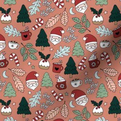 Merry Christmas winter wonderland with pudding candy canes and coffee holiday snacks seasonal kids design vintage red green on sienna 