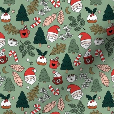Merry Christmas winter wonderland with pudding candy canes and coffee holiday snacks seasonal kids design vintage red green on sage green 