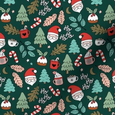 Merry Christmas winter wonderland with pudding candy canes and coffee holiday snacks seasonal kids design vintage teal red green on deep pine green 