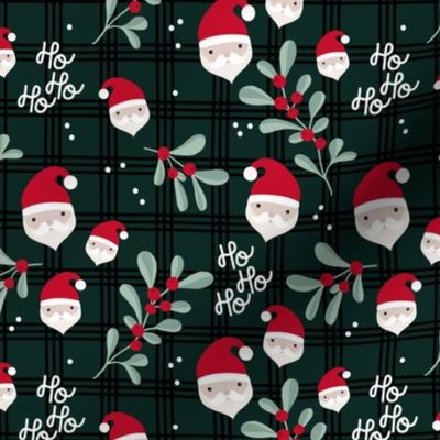 hohoho Merry Christmas Santa Claus mistletoe and snow on traditional seasonal winter plaid pine green ruby red mint