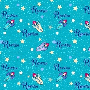 Rowan name fabric on turquoise 