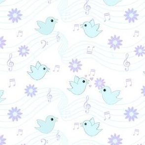 Musical blue birdies and lilac flowers on white