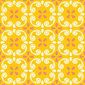 Block Print Tile Pattern in Yellow and Pink - Large Scale