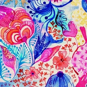 Floral dream land watercolor in hot pink and azur Large scale