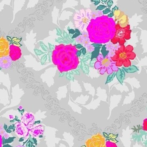 Victoria´s flower garden in bright colors diamond style hot pink and orange and aqua on light gray Medium